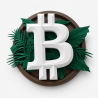 Ornement mural Bitcoin végétale vu de face - logo BTC blanc en relief sur feuillage vert et cadre en bois