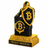 Wallet Médiéval de trois quarts : bouclier Bitcoin et plaque gravée Wallet Medieval