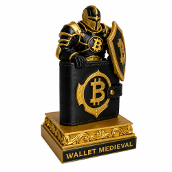 Wallet Médiéval de trois quarts gauche : portefeuille noir au sigle Bitcoin sur socle doré