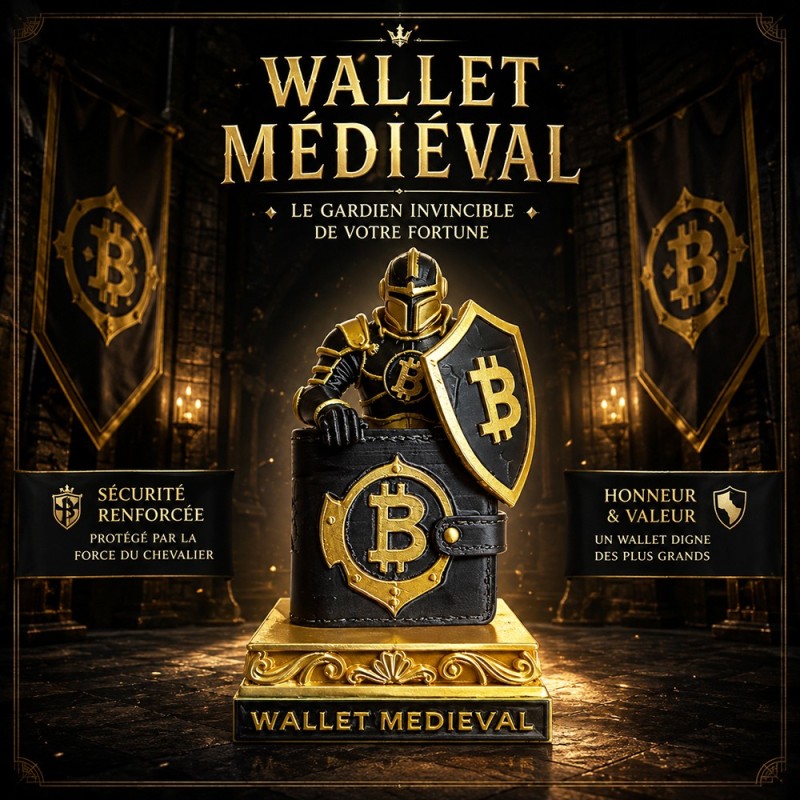 Statuette Wallet Médiéval en impression 3D : chevalier gardien d'un portefeuille Bitcoin noir et or