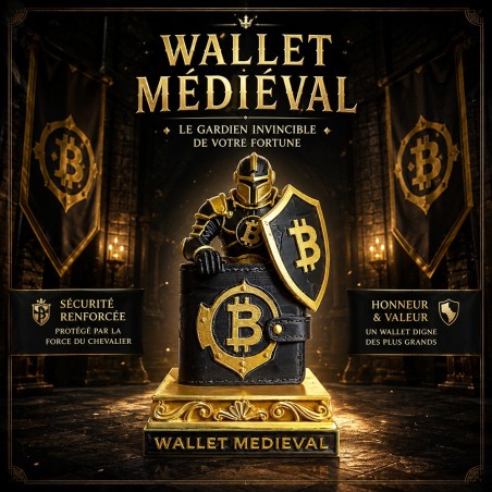 Statuette Wallet Médiéval en impression 3D : chevalier gardien d'un portefeuille Bitcoin noir et or