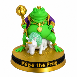 pepecoin the frog de face : Pépé couronné, cape violette et masse dorée, sur sa licorne blanche