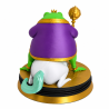 Dos de la statuette pepecoin the frog : cape violette bordée d'or et queue turquoise de la licorne