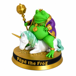 pepecoin the frog de trois quarts : licorne agenouillée sur un tapis de pièces d'or