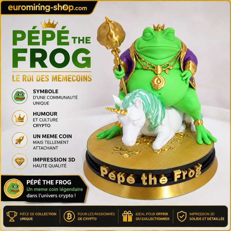Statuette pepecoin the frog en impression 3D : Pépé en roi des meme coins sur sa licorne