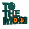 le Bitcoin to the moon de face : lune cratérisée, fusée et deux sigles Bitcoin orange