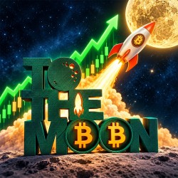Statuette le Bitcoin to the moon en impression 3D : lettrage vert et fusée Bitcoin vers la lune