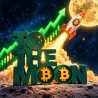 Statuette le Bitcoin to the moon en impression 3D : lettrage vert et fusée Bitcoin vers la lune