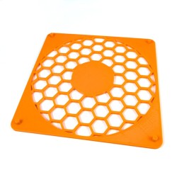Grille de ventilation Bitcoin vue en biais - motif hexagonal imprimé en 3D, coloris orange