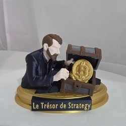 Statuette Le Trésor de Strategy, pièce Bitcoin dorée dans le coffre