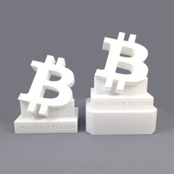 Trophées Bitcoin simple et double socle côte à côte - impression 3D blanche, deux modèles au choix