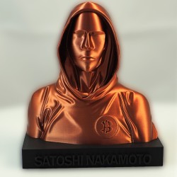 Buste Satoshi Nakamoto vu de face - capuche et visage anonyme en finition cuivrée sur socle noir