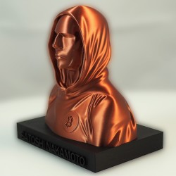 Buste Satoshi Nakamoto vu de trois quarts - drapé de la capuche imprimé en 3D